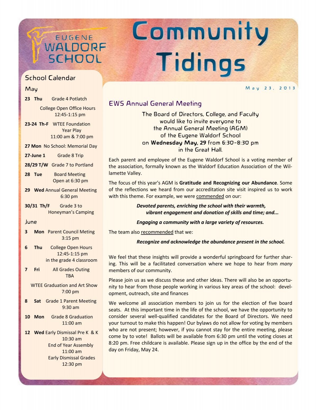 School Calendar EWS Annual General Meeting Eugene Waldorf