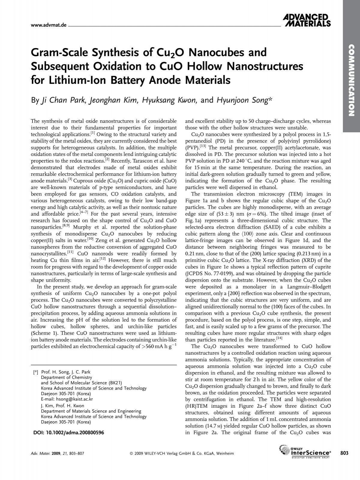 Gram Scale Synthesis Of Cu2o Nanocubes And Subsequent