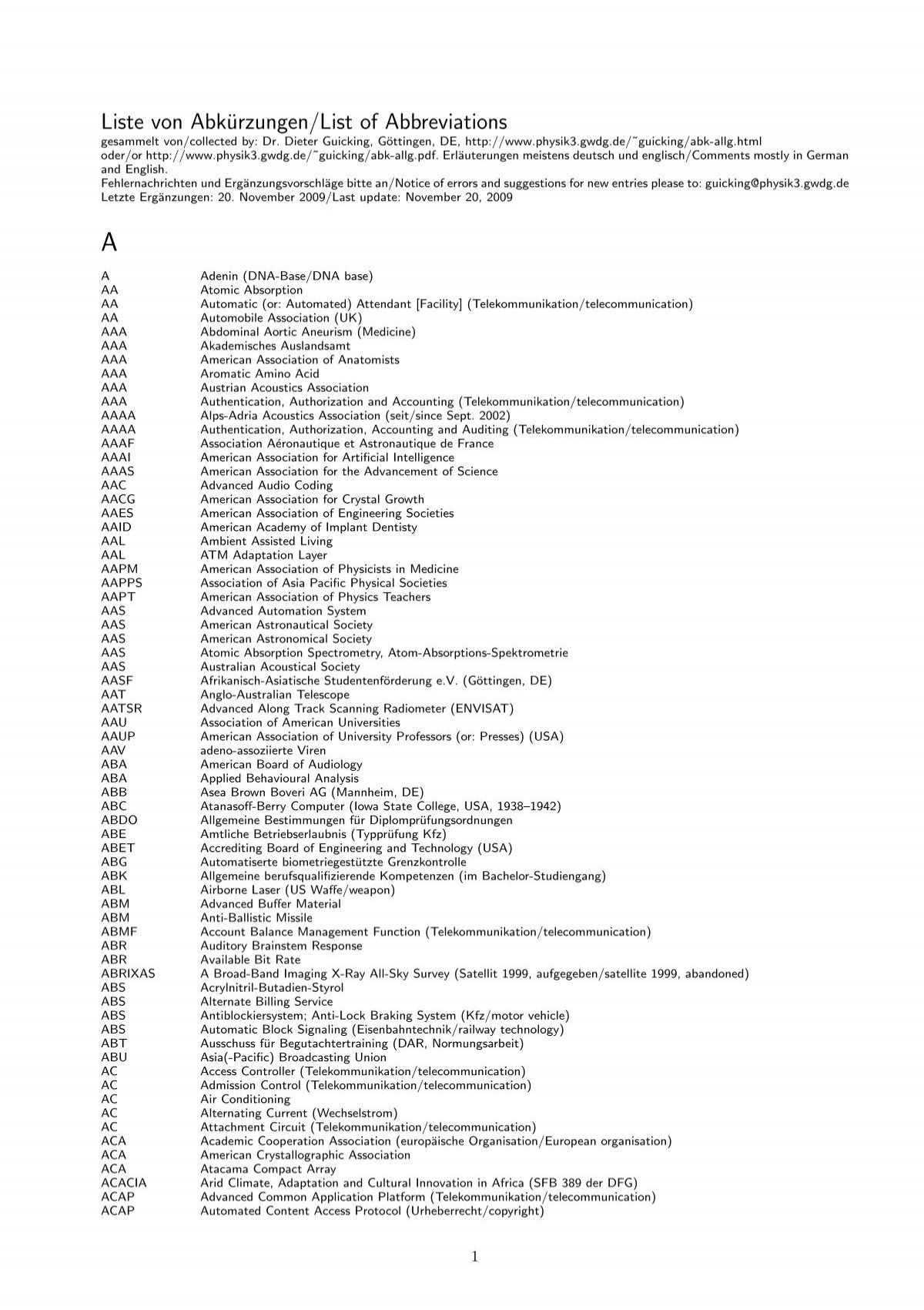 Liste Von Abkurzungen List Of Abbreviations
