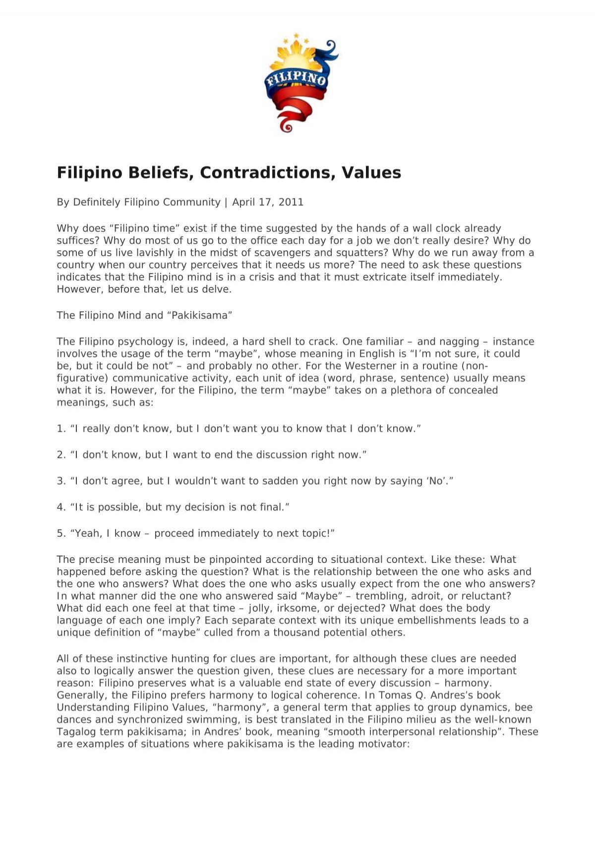 Filipino Beliefs Contradictions Values Philippine Culture