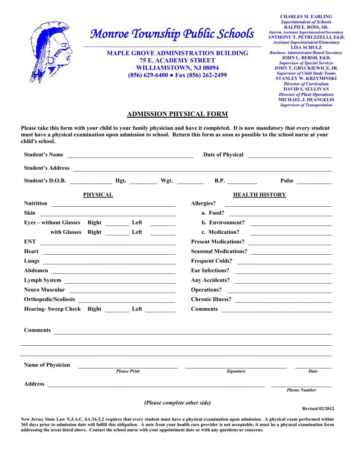 Admission Physical Form Monroe Township Public Schools