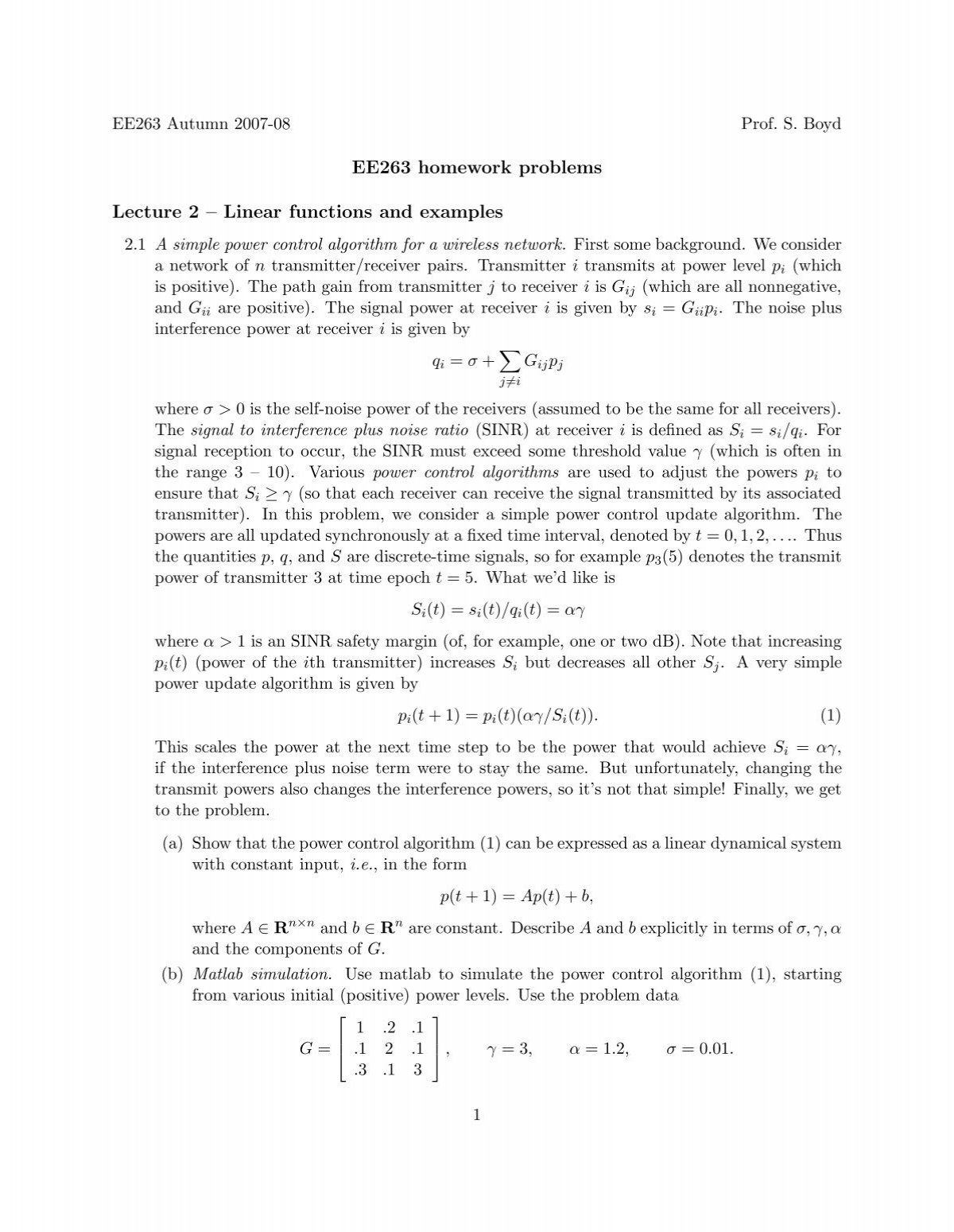 Ee263 Homework Problems Stanford Engineering Everywhere