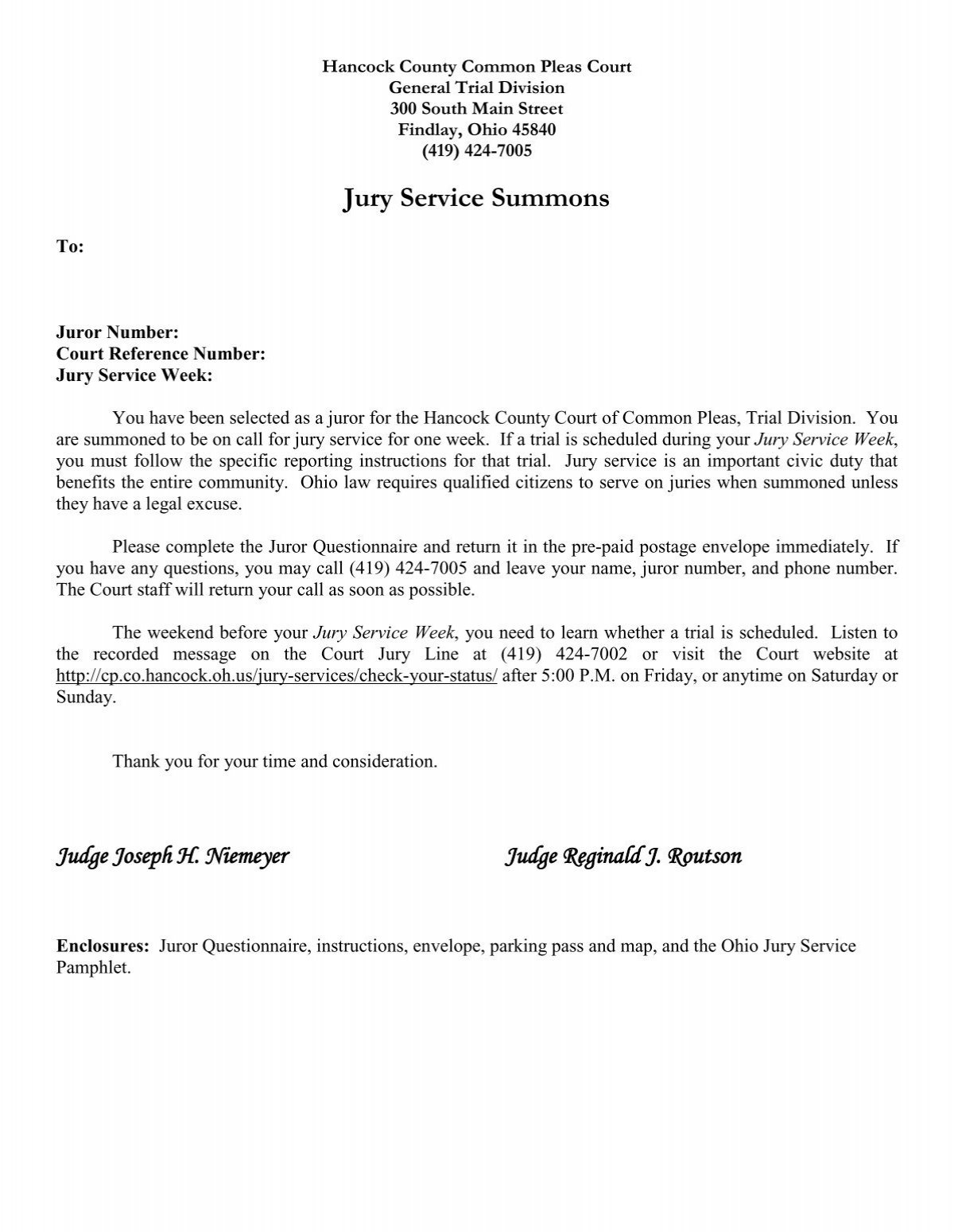 Jury Service Summons Hancock County Common Pleas Court