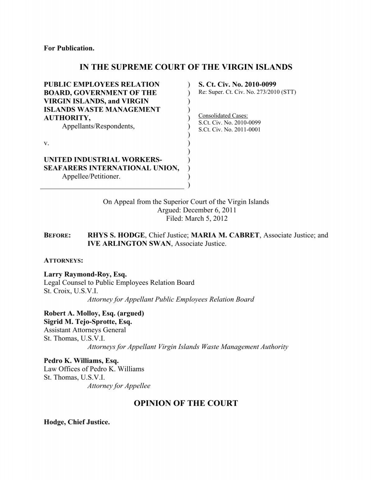 IN THE SUPREME COURT OF THE VIRGIN ISLANDS OPINION OF
