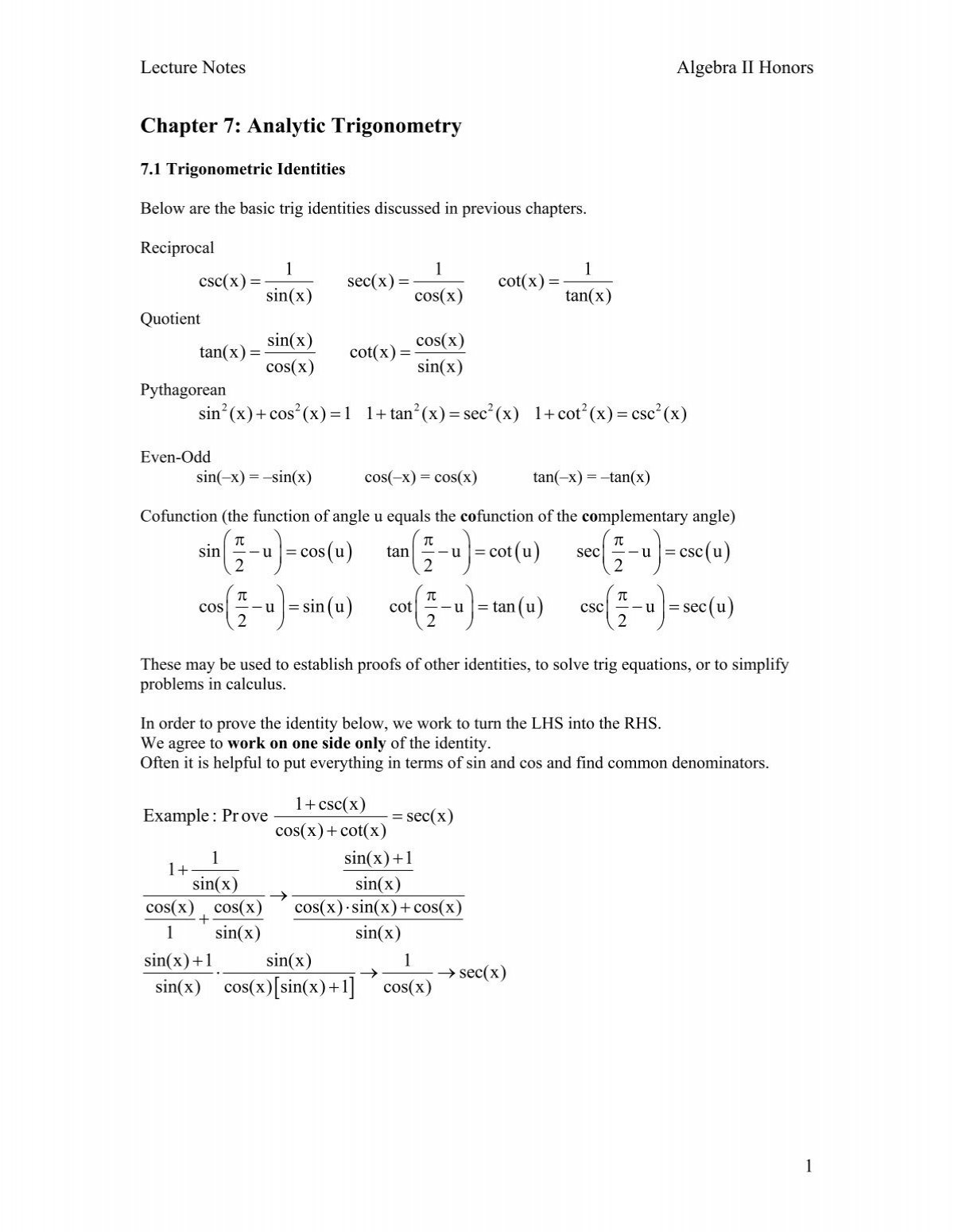 Chapter 7 Analytic Trigonometry