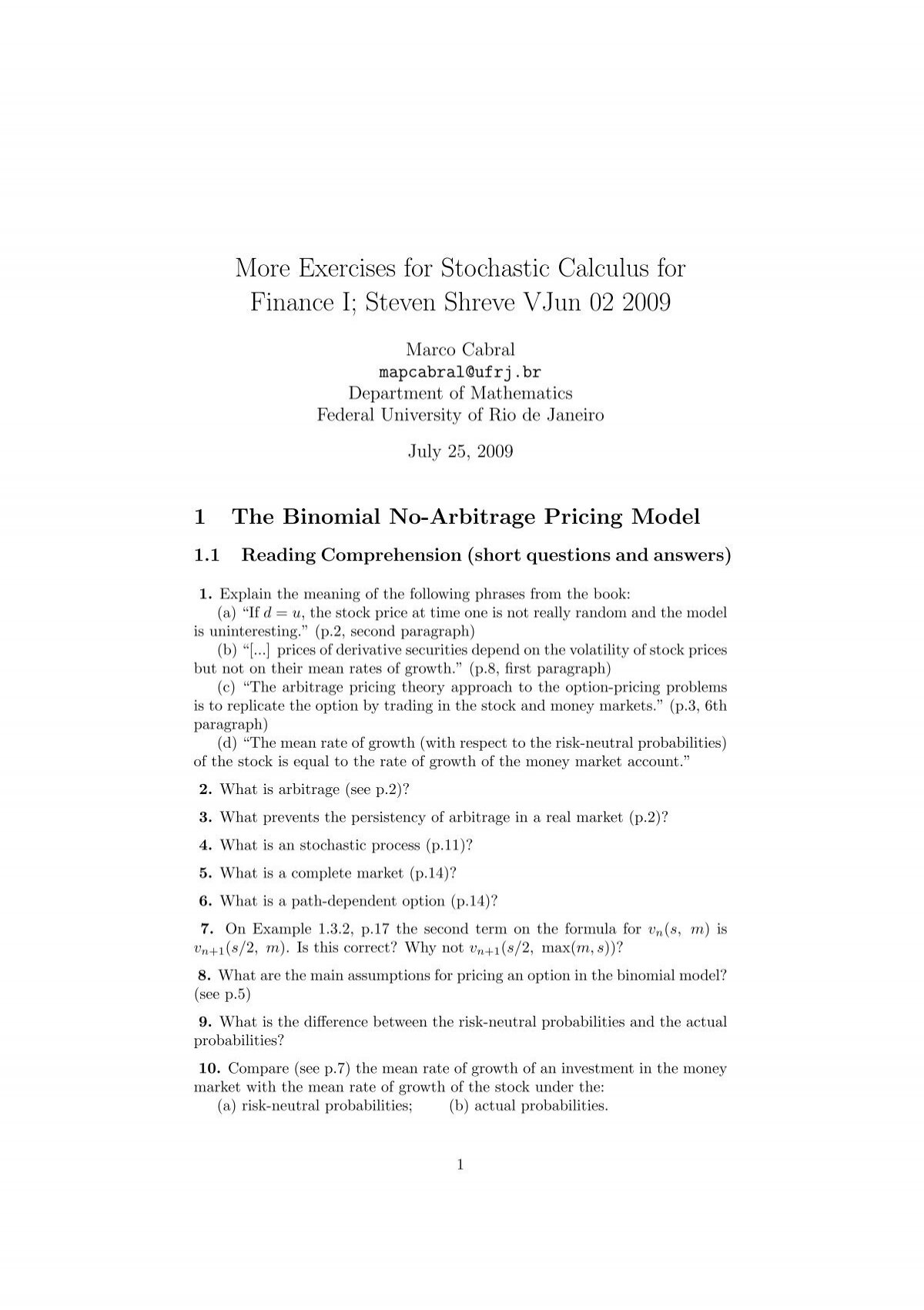 More Exercises For Stochastic Calculus For Finance I Steven Ufrj