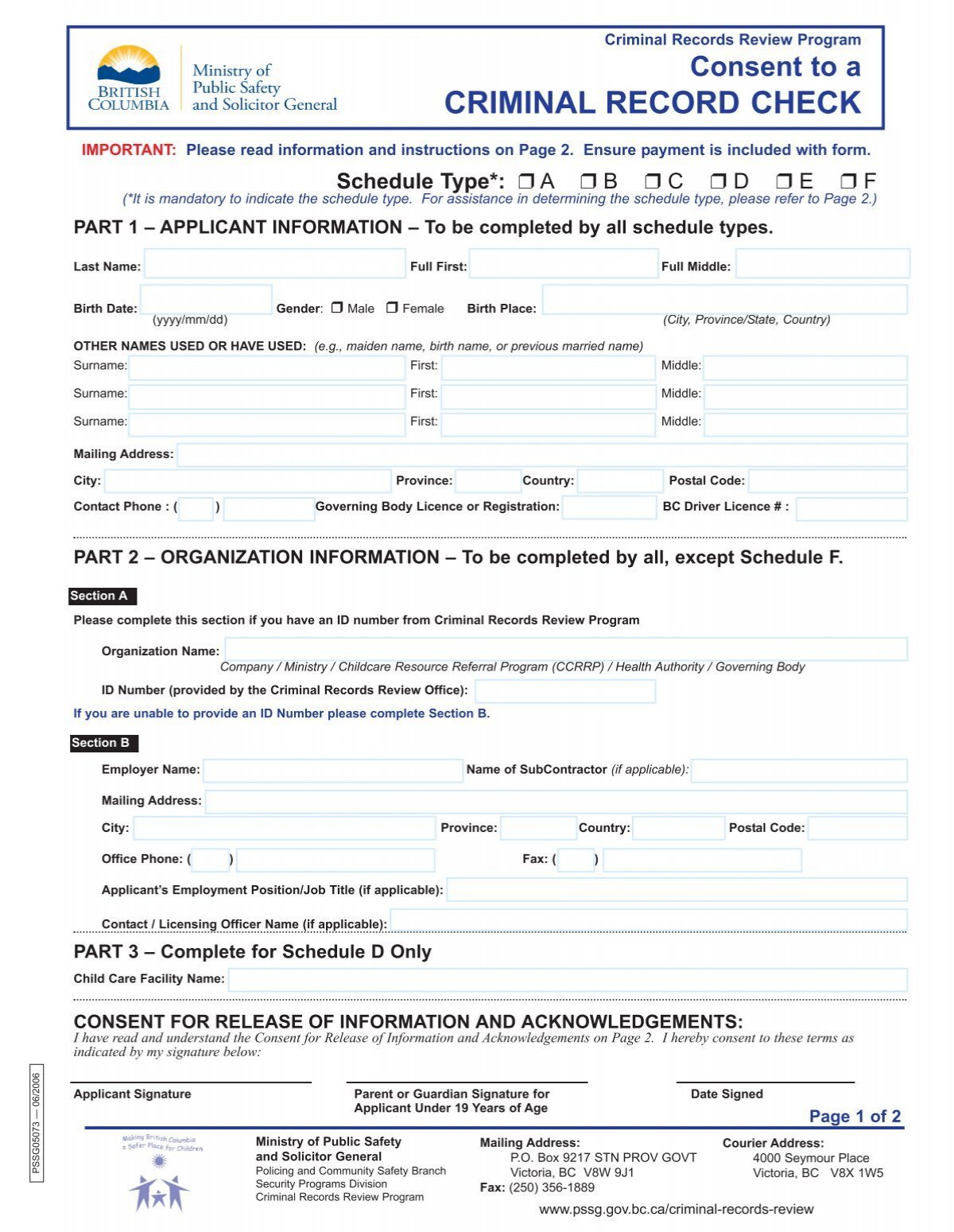 Consent To A Criminal Record Check Form 6976