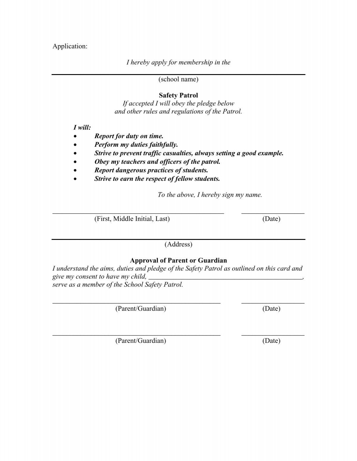 AAA School Safety Patrol Parent Consent Form Pledge Card