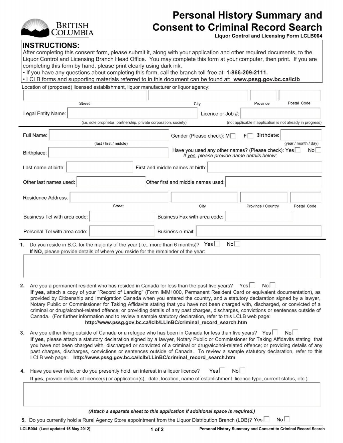 Personal History Summary And Consent To Criminal Record Search Forms 1200