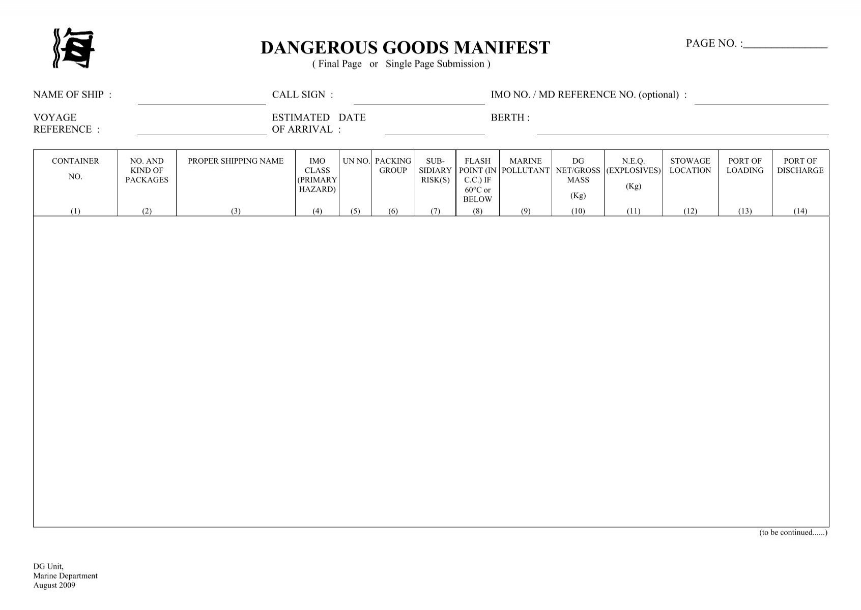 Dangerous Goods Manifest Final Page