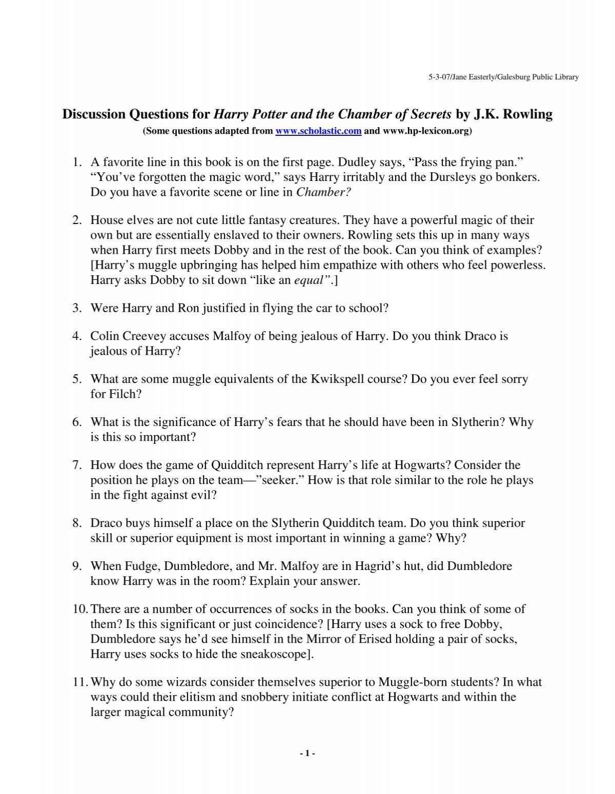 essay questions for harry potter and the chamber of secrets