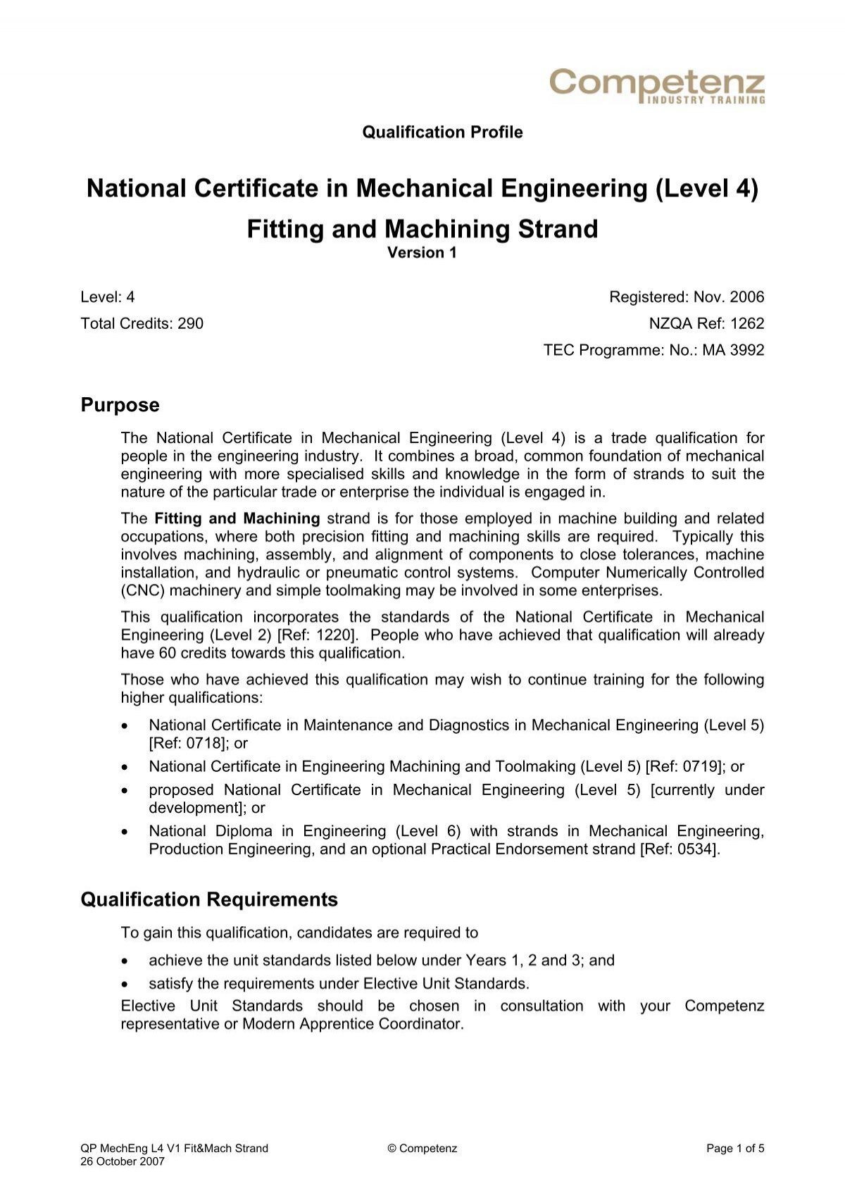 National Certificate in Mechanical Engineering (Level 4) Competenz