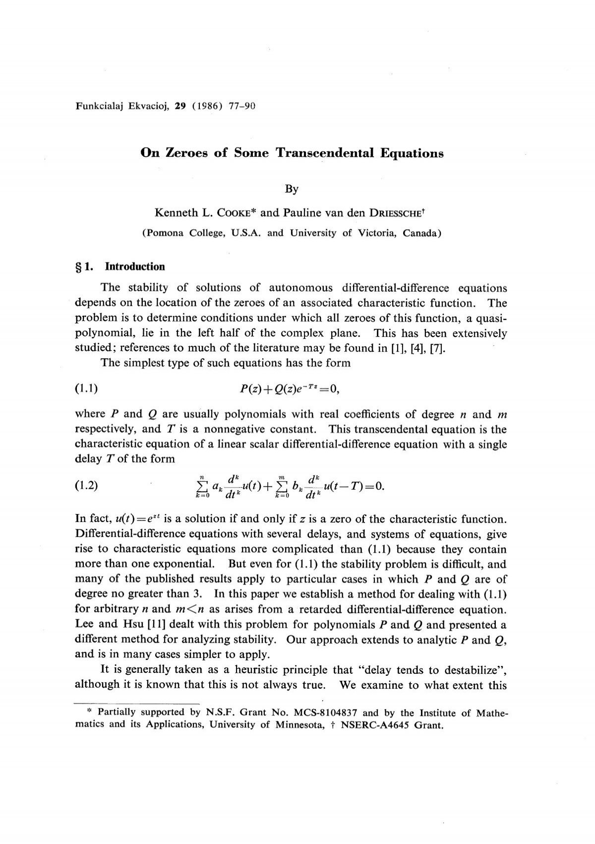 On Zeroes Of Some Transcendental Equations Of Fe Math Kobe U Ac