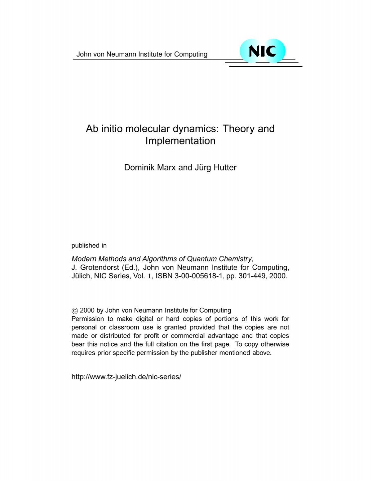 Ab Initio Molecular Dynamics Theory And Implementation