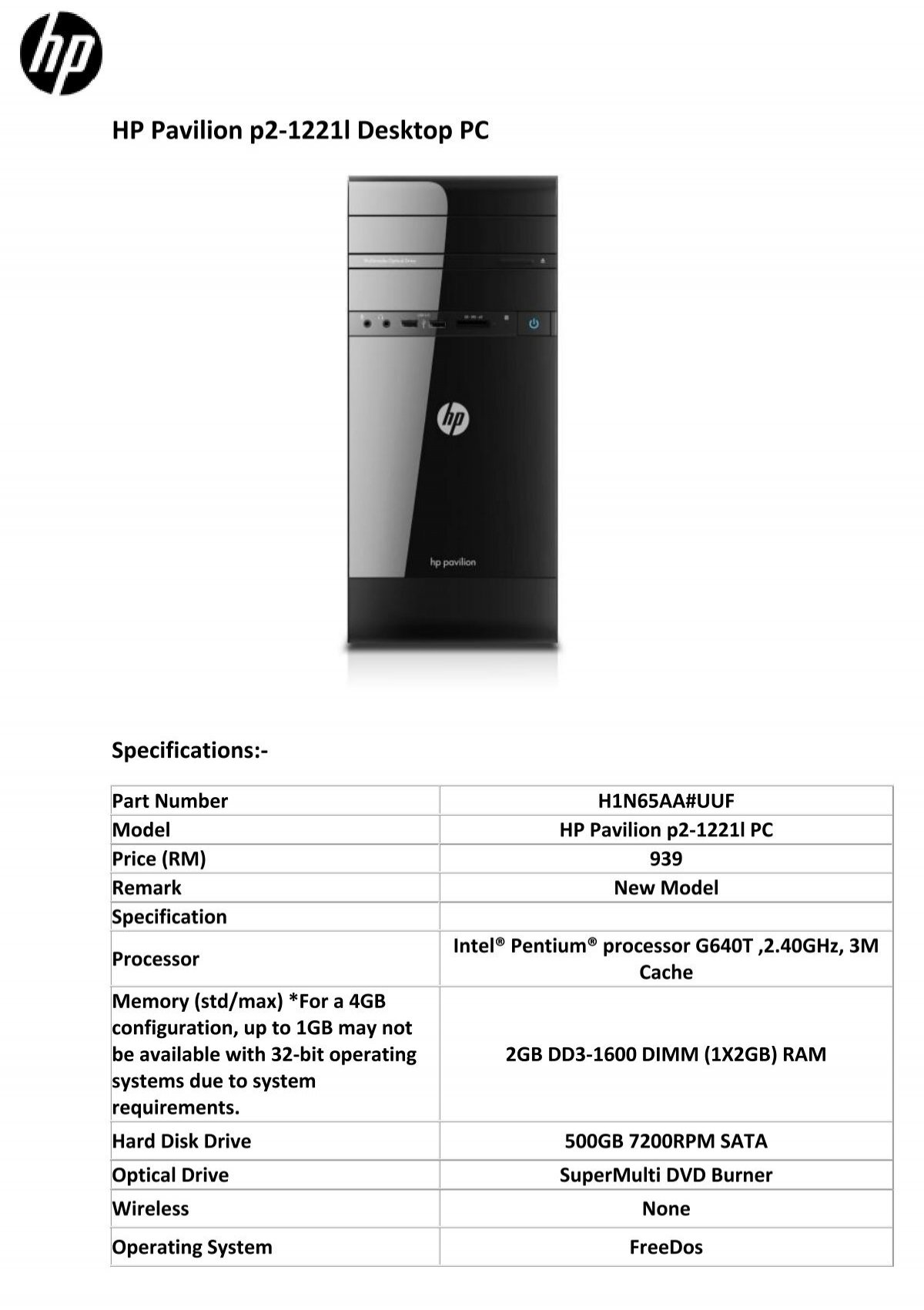 hp desktop pc with specifications