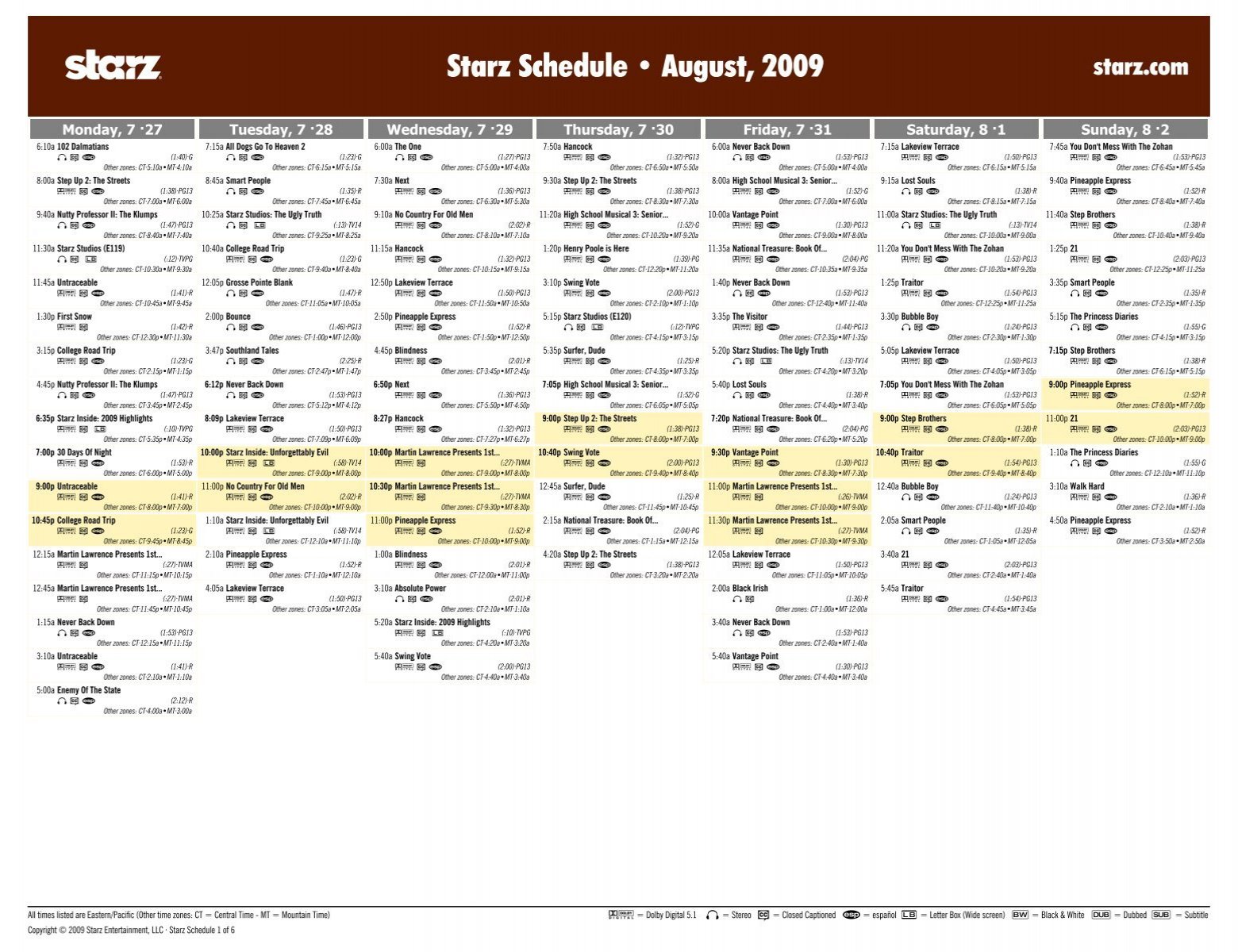 Starz Schedule â ¢ August, 2009