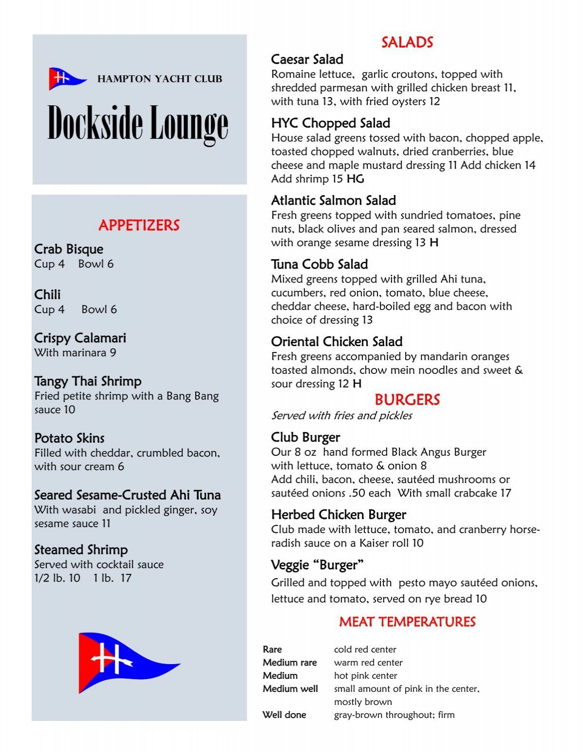 hampton yacht club menu