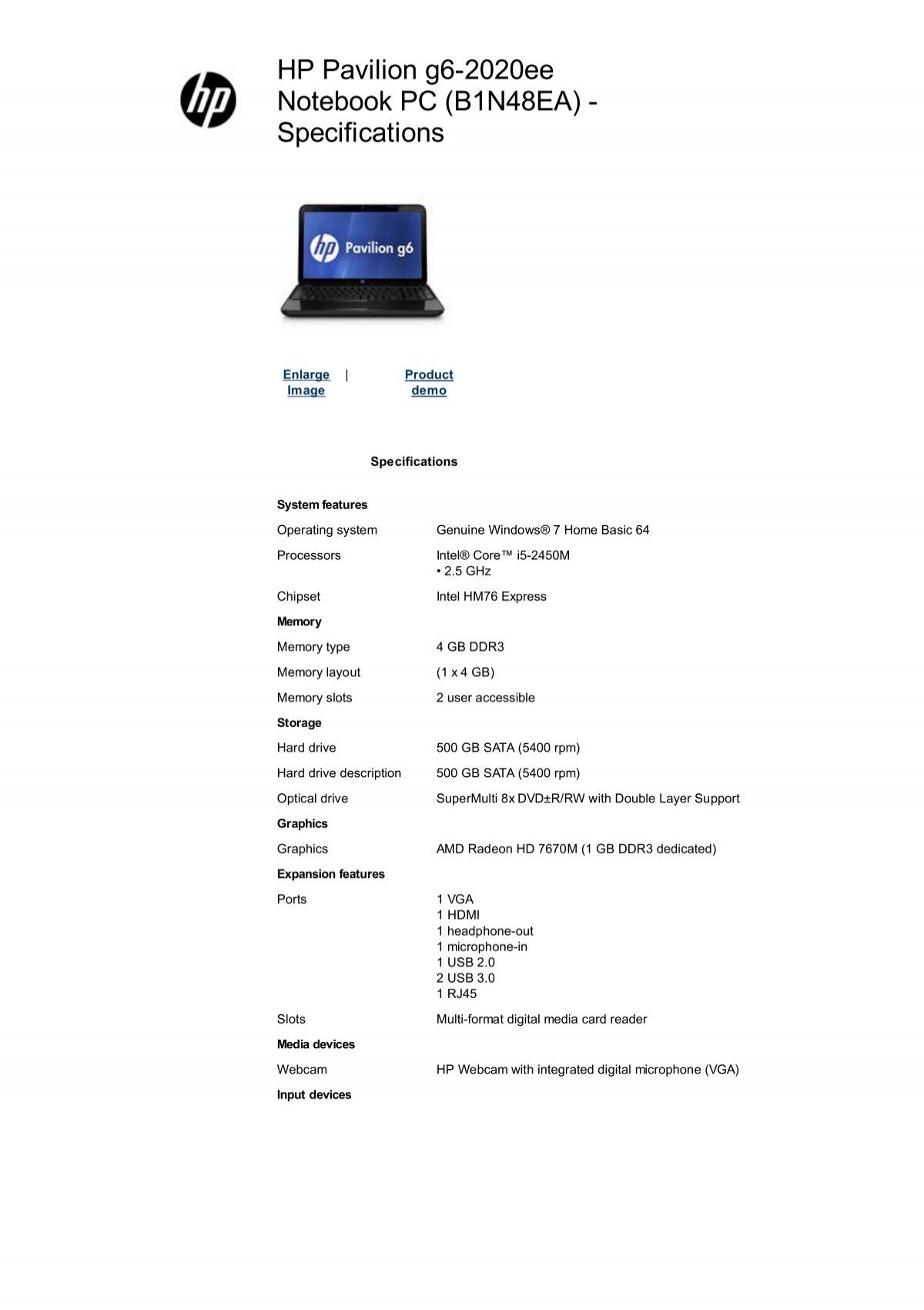HP Pavilion g6-2020ee Notebook PC (B1N48EA ... - Microcity