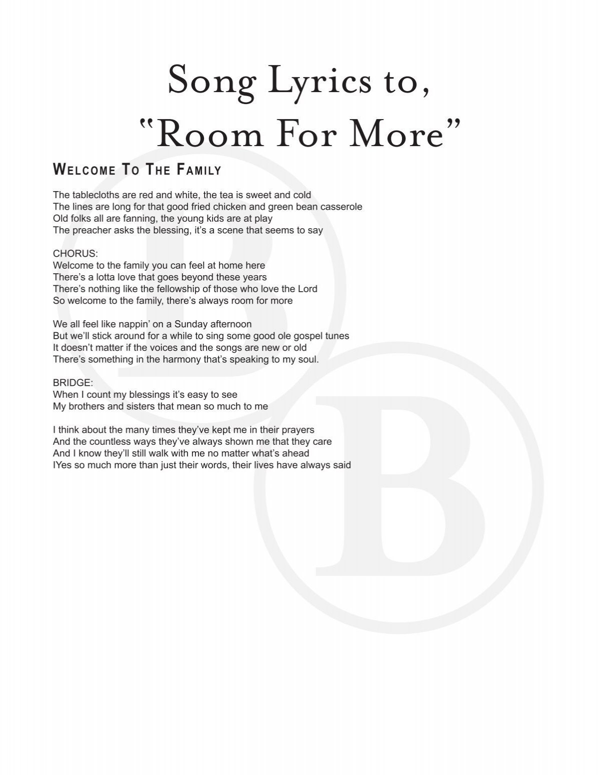 Song Lyrics To Room For More Booth Brothers