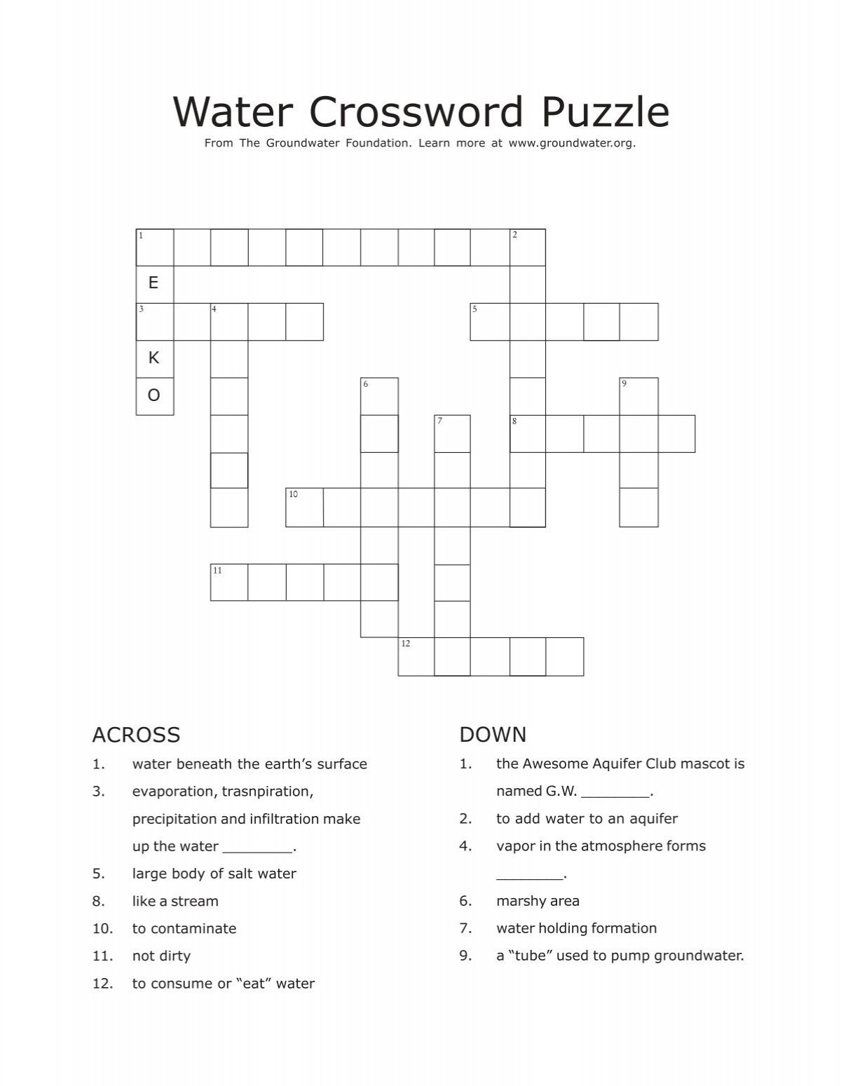 Water Crossword groundwater org The Groundwater Foundation