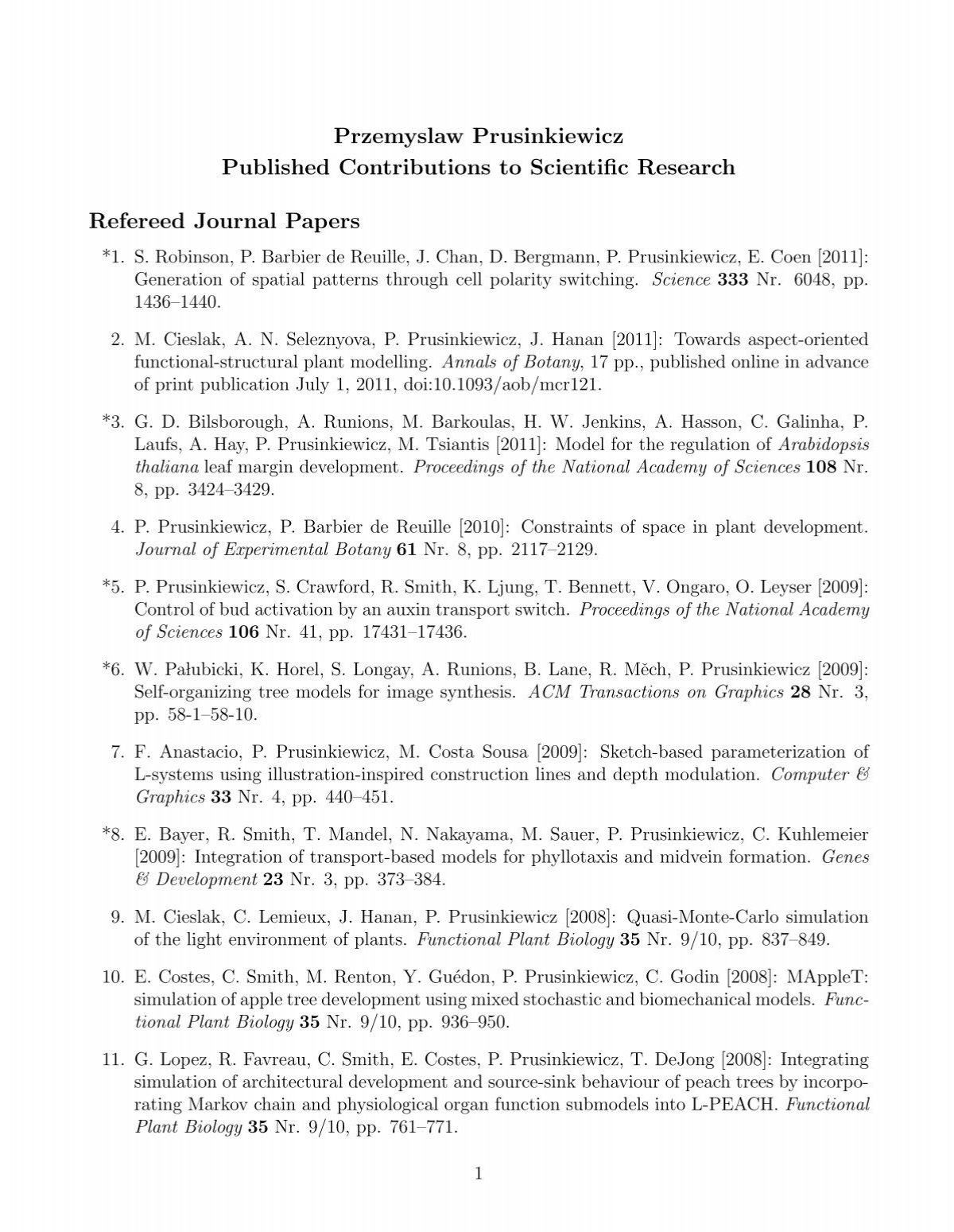 Przemyslaw Prusinkiewicz Published Contributions To Scientific