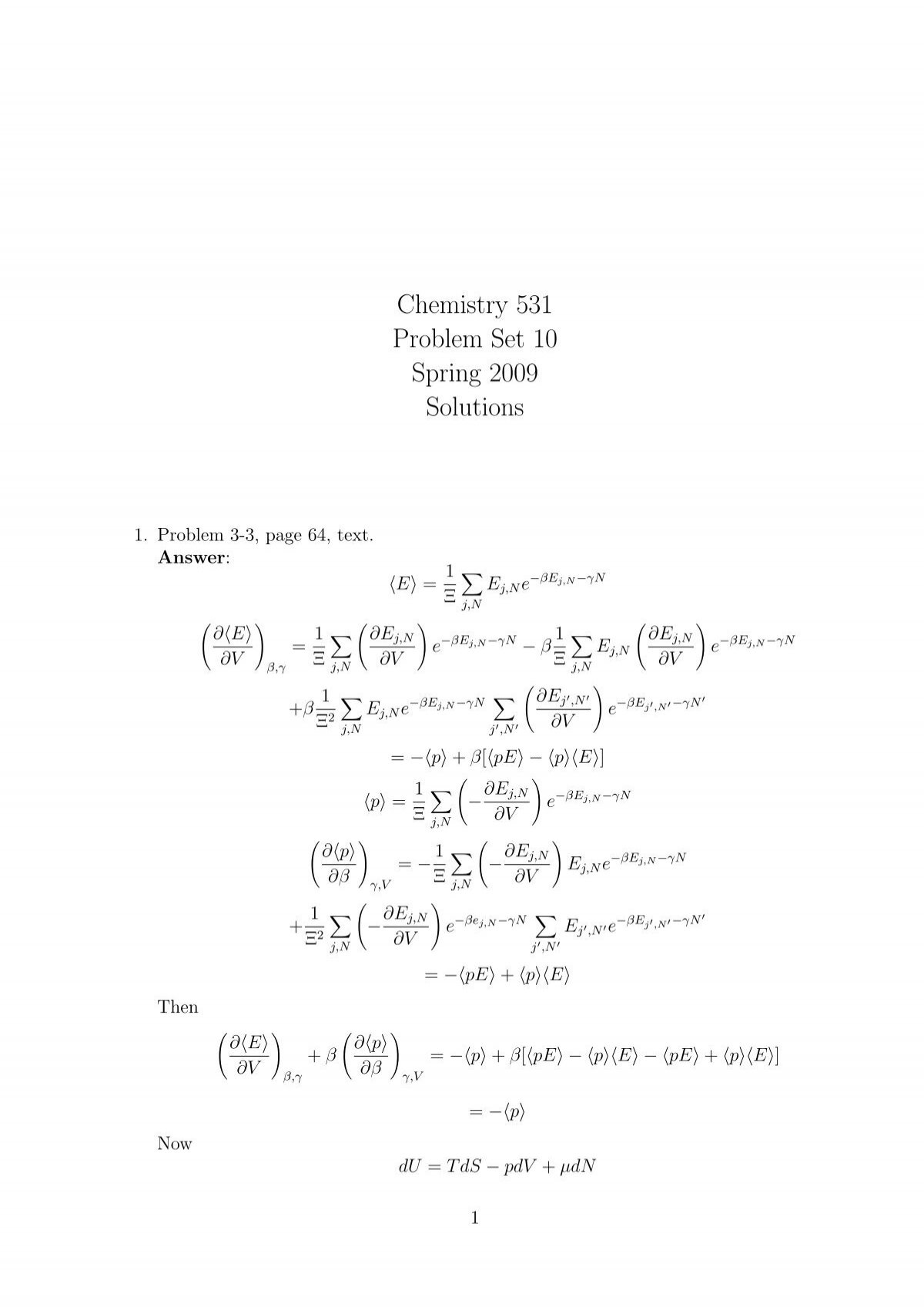 Problem Set 10 With Solutions Uri Department Of Chemistry