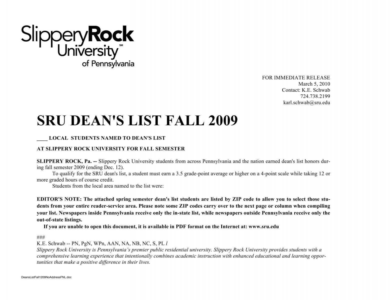 SRU DEAN'S LIST FALL 2009 - Slippery Rock University