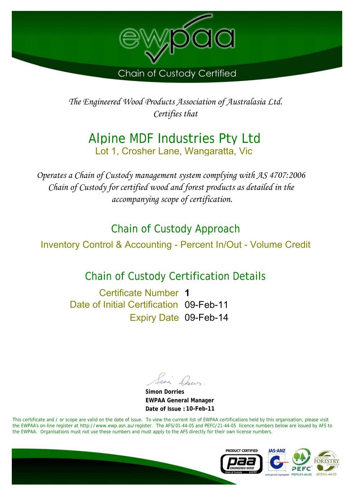 View Certificate PDF Alpine MDF
