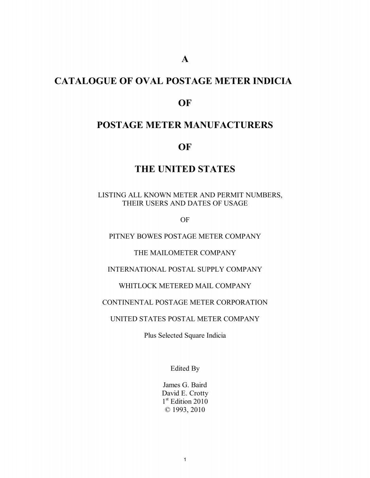 A CATALOGUE OF OVAL POSTAGE METER INDICIA OF POSTAGE
