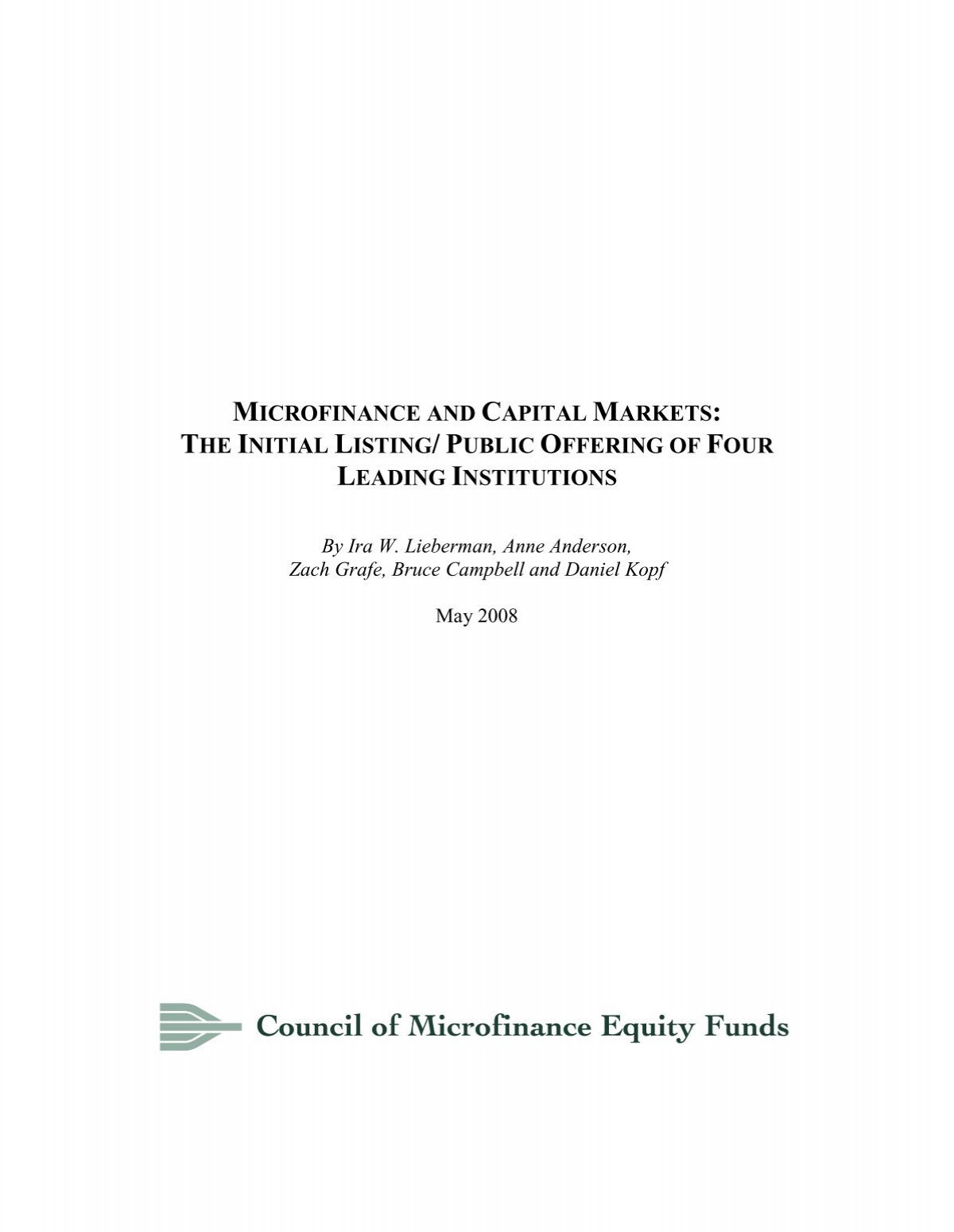 Microfinance And Capital Markets Council Of Microfinance Equity