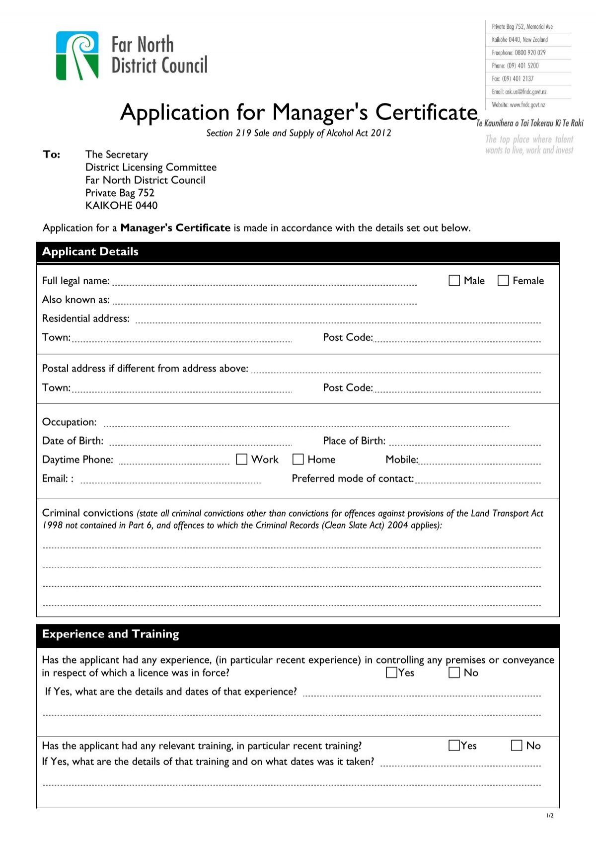 Manager s Certificate Application Far North District Council