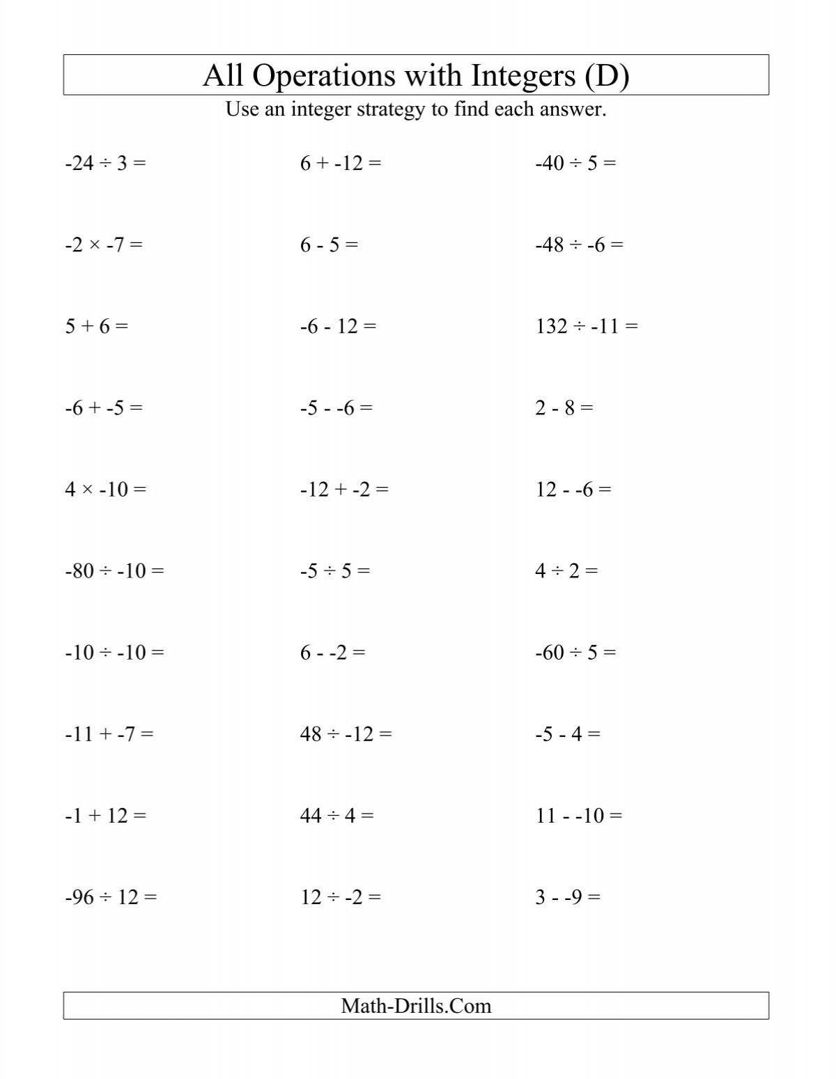 Integers Worksheet All Operations with Integers (Range 12 to 12