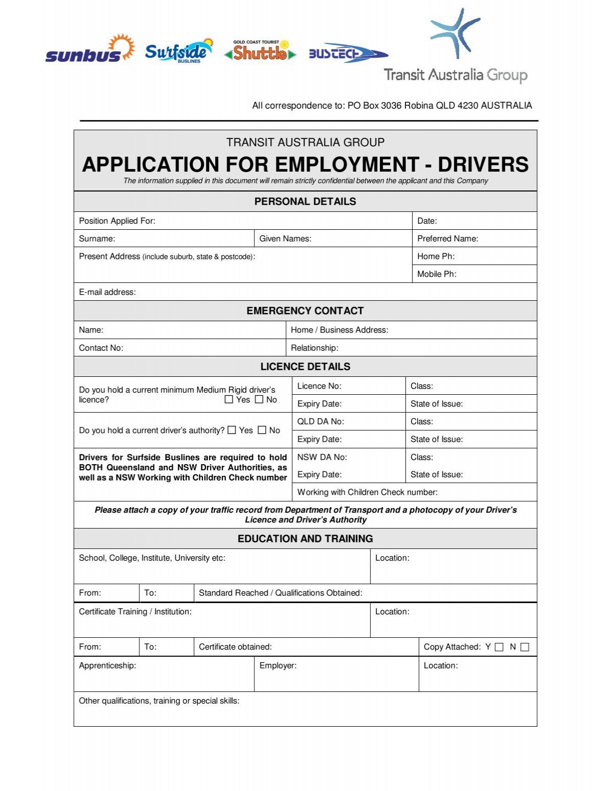 Application For Employment Drivers 9567