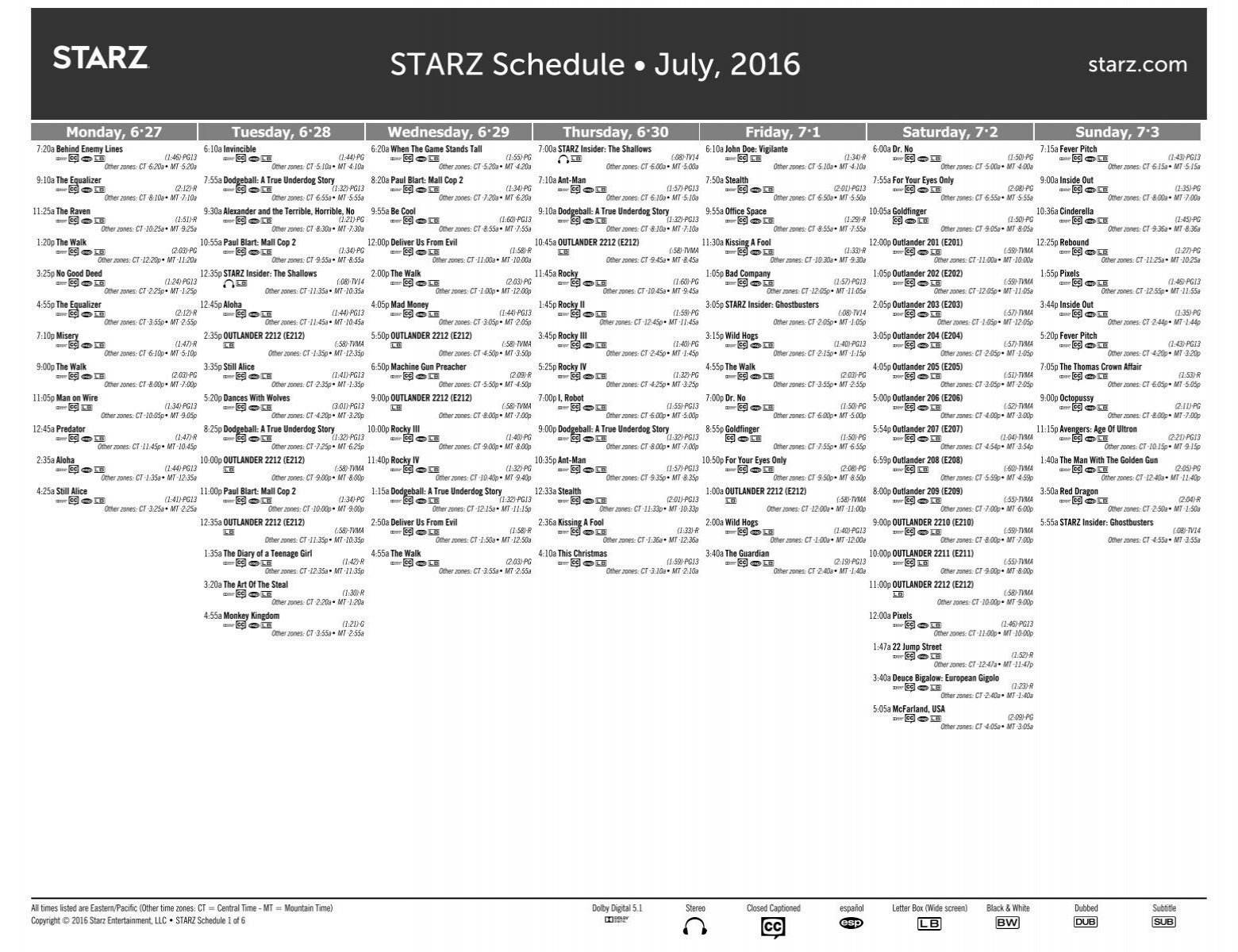 STARZ Schedule • July 2016