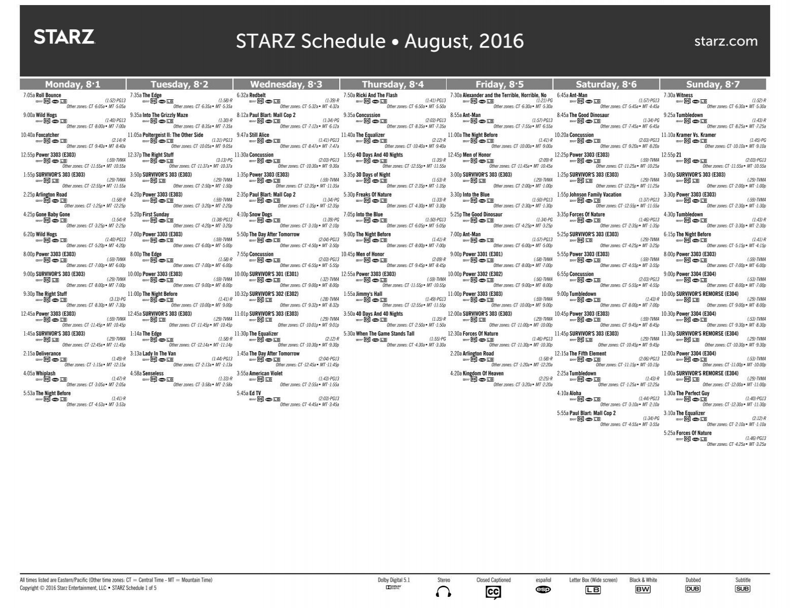 STARZ Schedule • August 2016