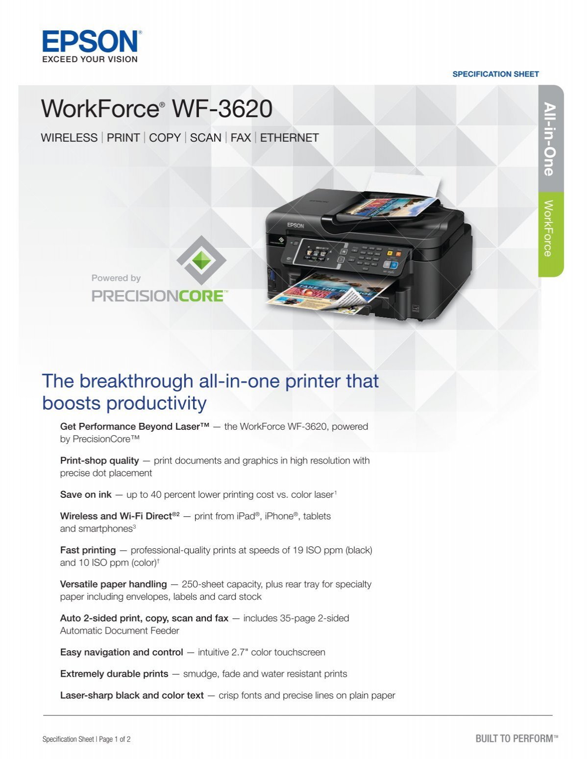 Epson Epson Workforce Wf 3620 All In One Printer Product Specifications 5424