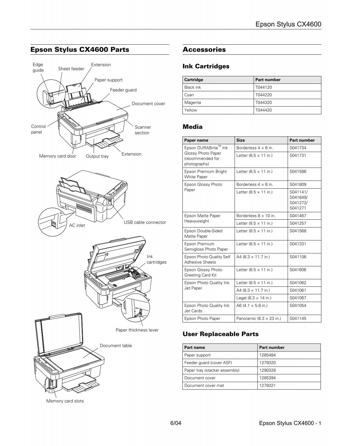 Epson Epson Stylus Cx4600 All In One Printer Product Information Guide 7873