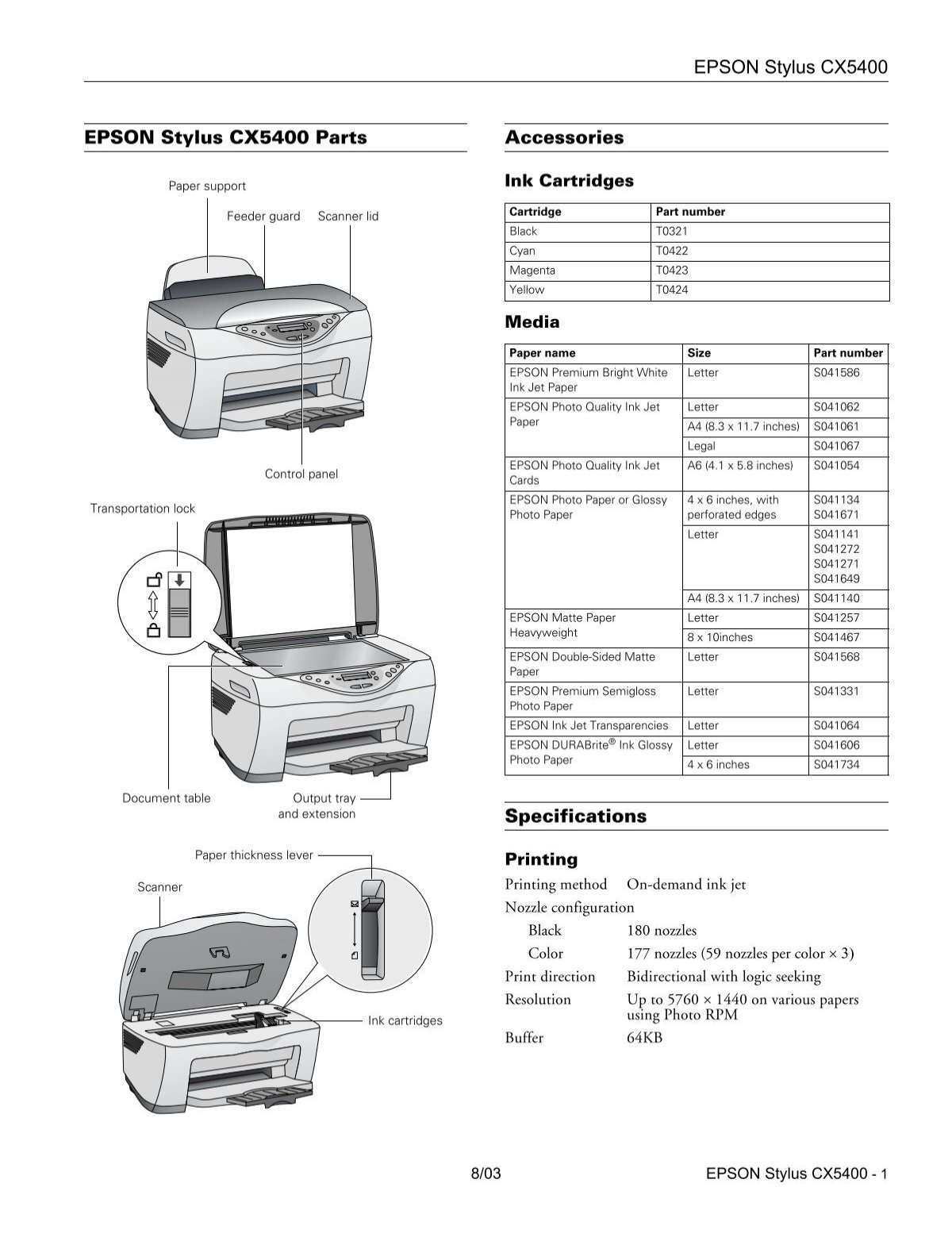 Epson Epson Stylus Cx5400 All In One Printer Product Information Guide 7974