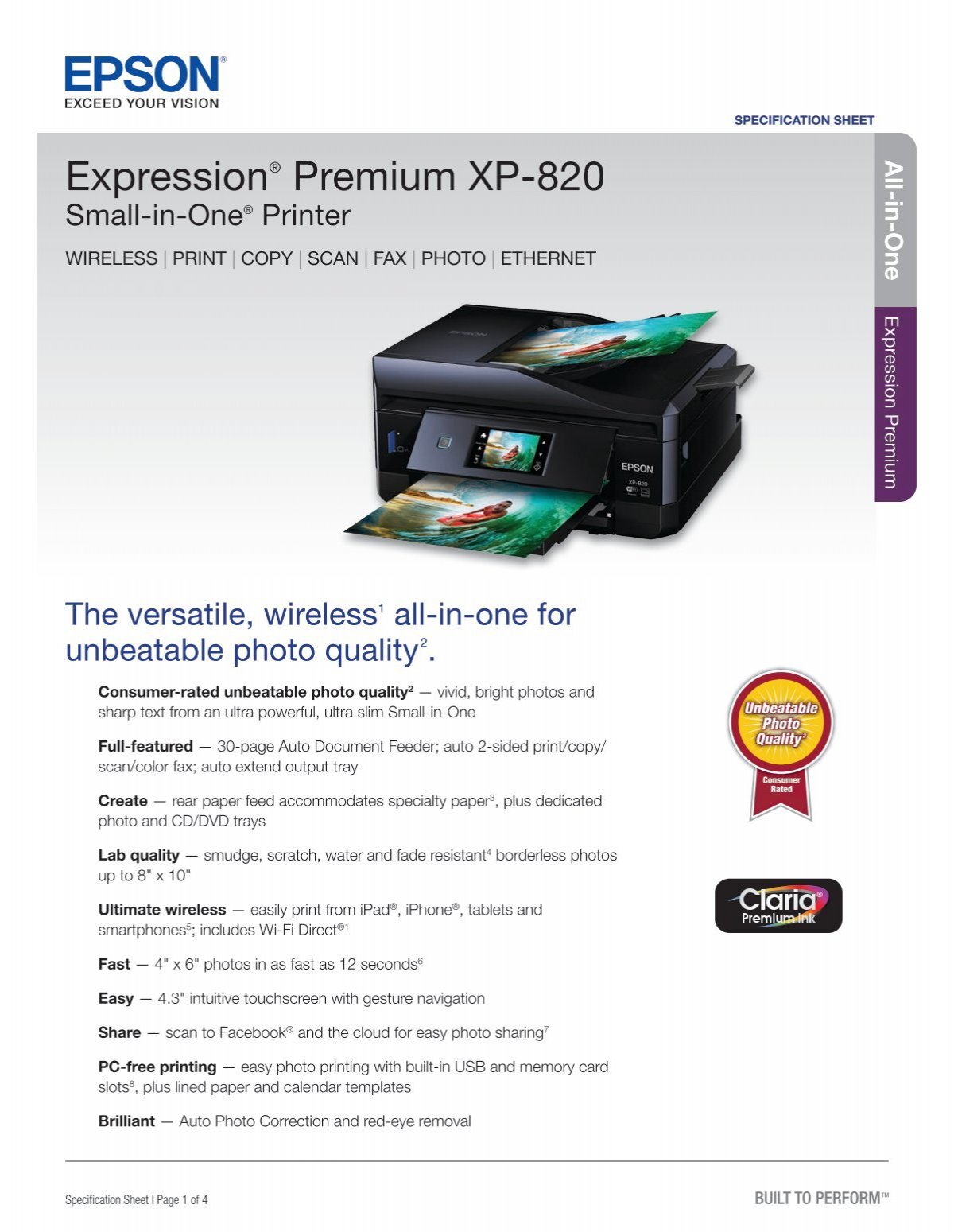 Epson Epson Expression Premium Xp 820 Small In One® All In One Printer Product Specifications 2018