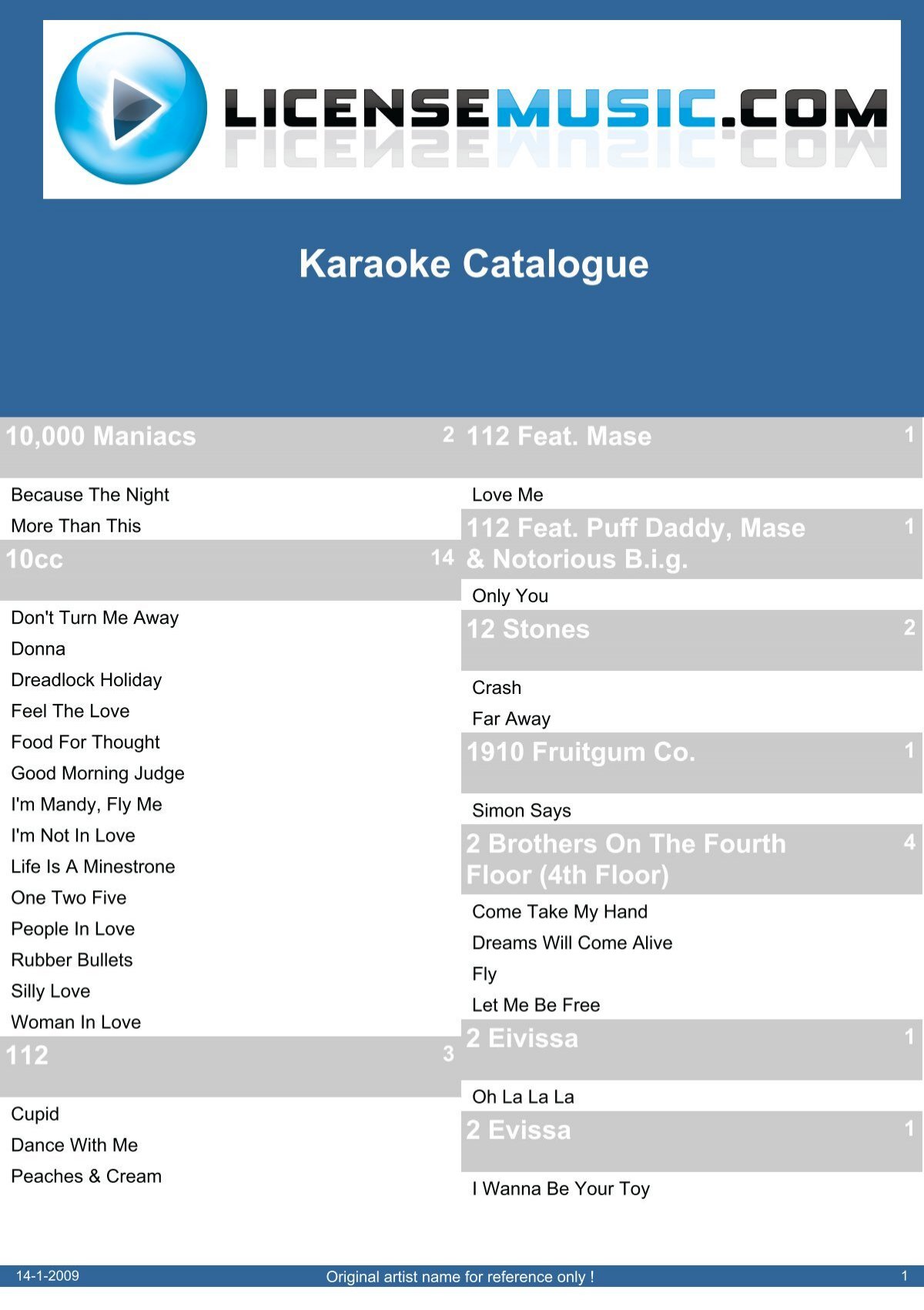 Karaoke Catalogue Licensemusic