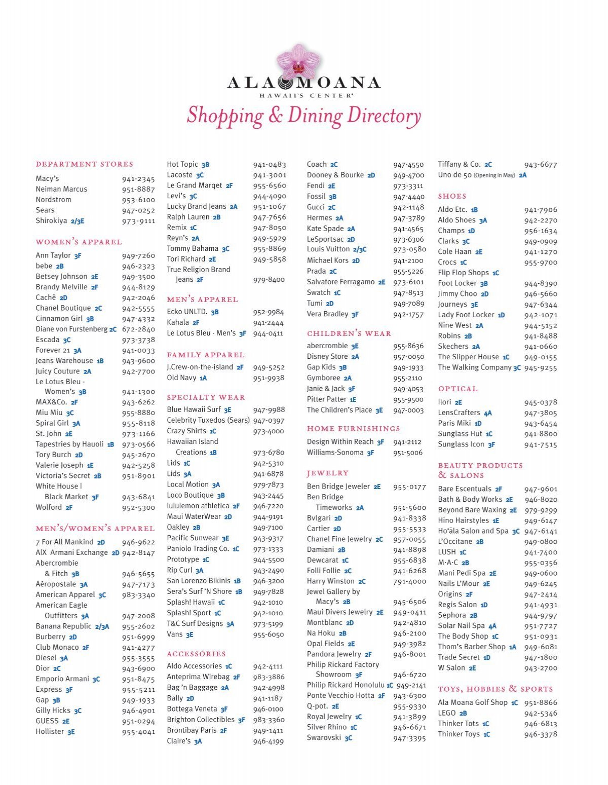 Shopping Dining Directory Ala Moana Center