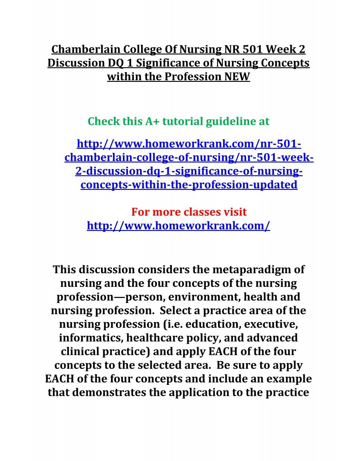 Chamberlain College Of Nursing Nr 501 Week 2 Discussion Dq 1 Significance Of Nursing Concepts Within The Profession New