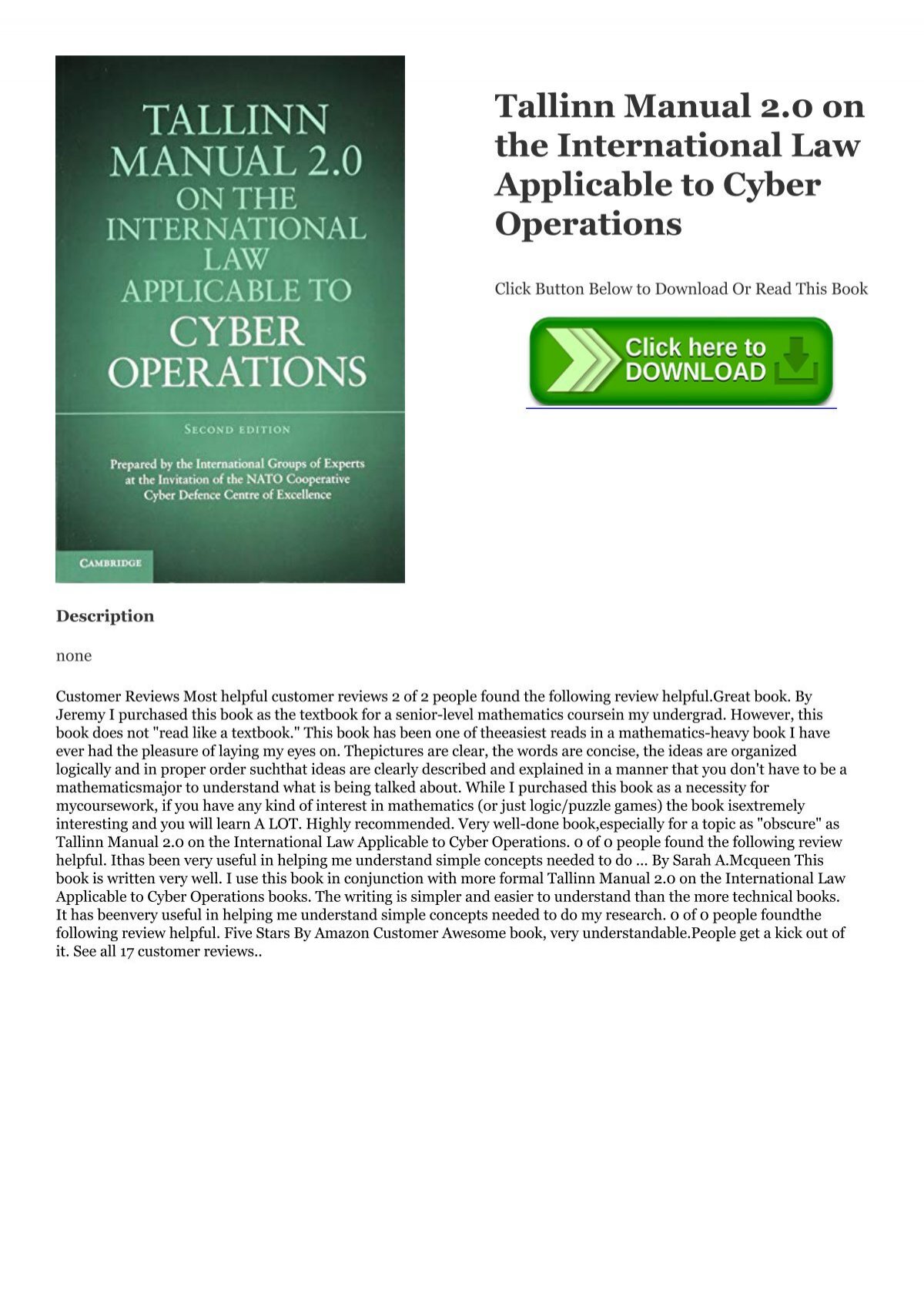 Read Online Tallinn Manual 2 0 On The International Law Applicable To Cyber Operations Pdf