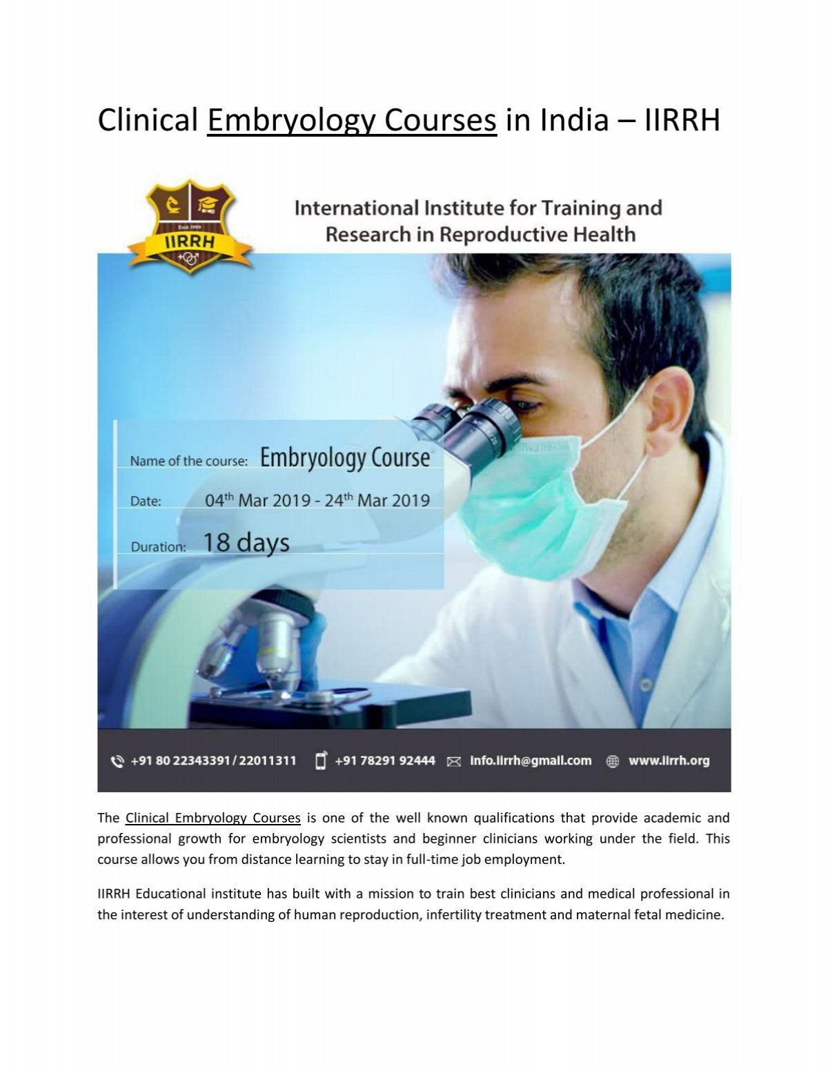 embryology phd programs in india