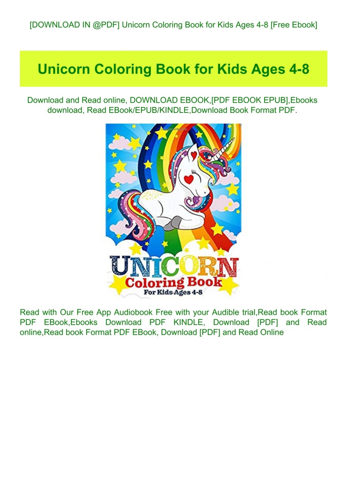 Download Download In Pdf Unicorn Coloring Book For Kids Ages 4 8 Free Ebook