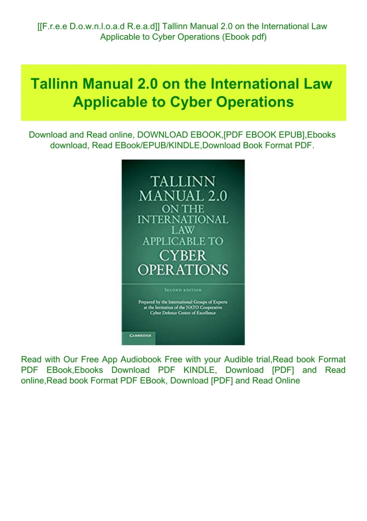 F R E E D O W N L O A D R E A D Tallinn Manual 2 0 On The International Law Applicable To Cyber Operations Ebook Pdf