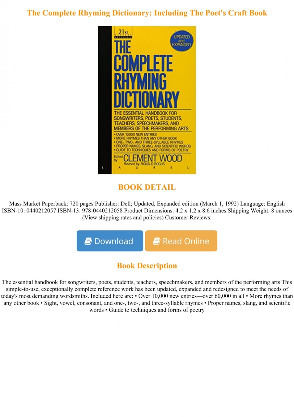 Read Ebook The Complete Rhyming Dictionary: Including The Poet's