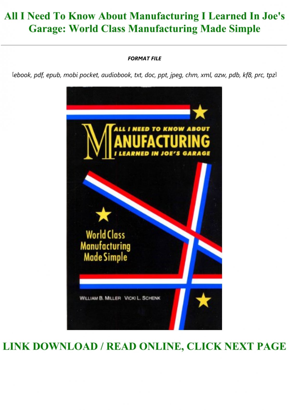 Free Download All I Need To Know About Manufacturing I Learned In Joe S Garage World Class Manufacturing Made Simple Full