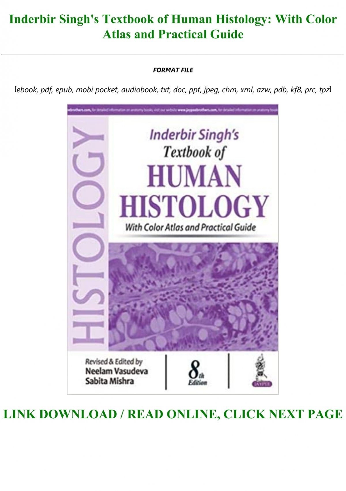 Download P D F Download Inderbir Singh S Textbook Of Human Histology With Color Atlas And Practical Guide Txt Pdf Epub