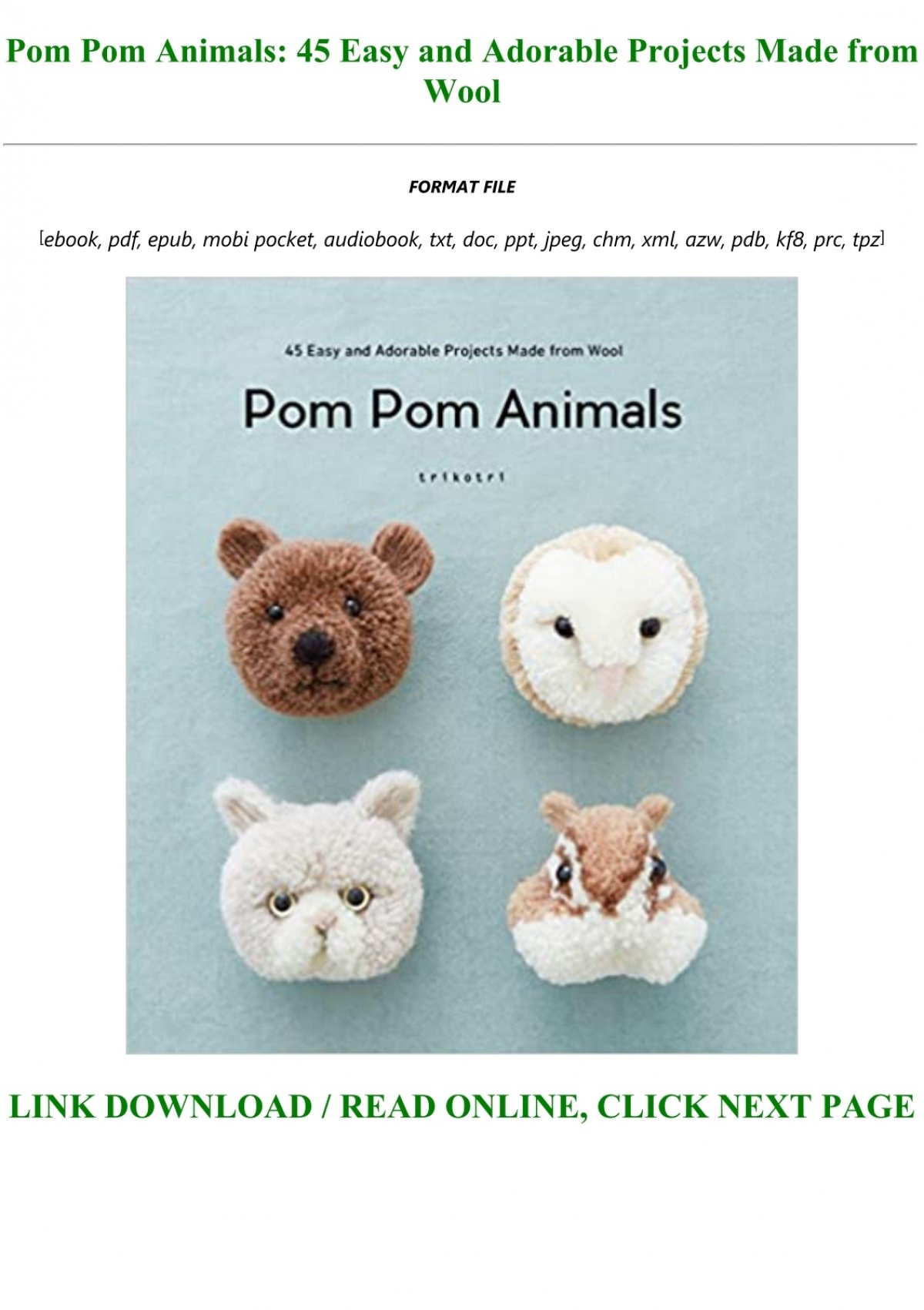 E Book Download Pom Pom Animals 45 Easy And Adorable Projects Made From Wool Full Books